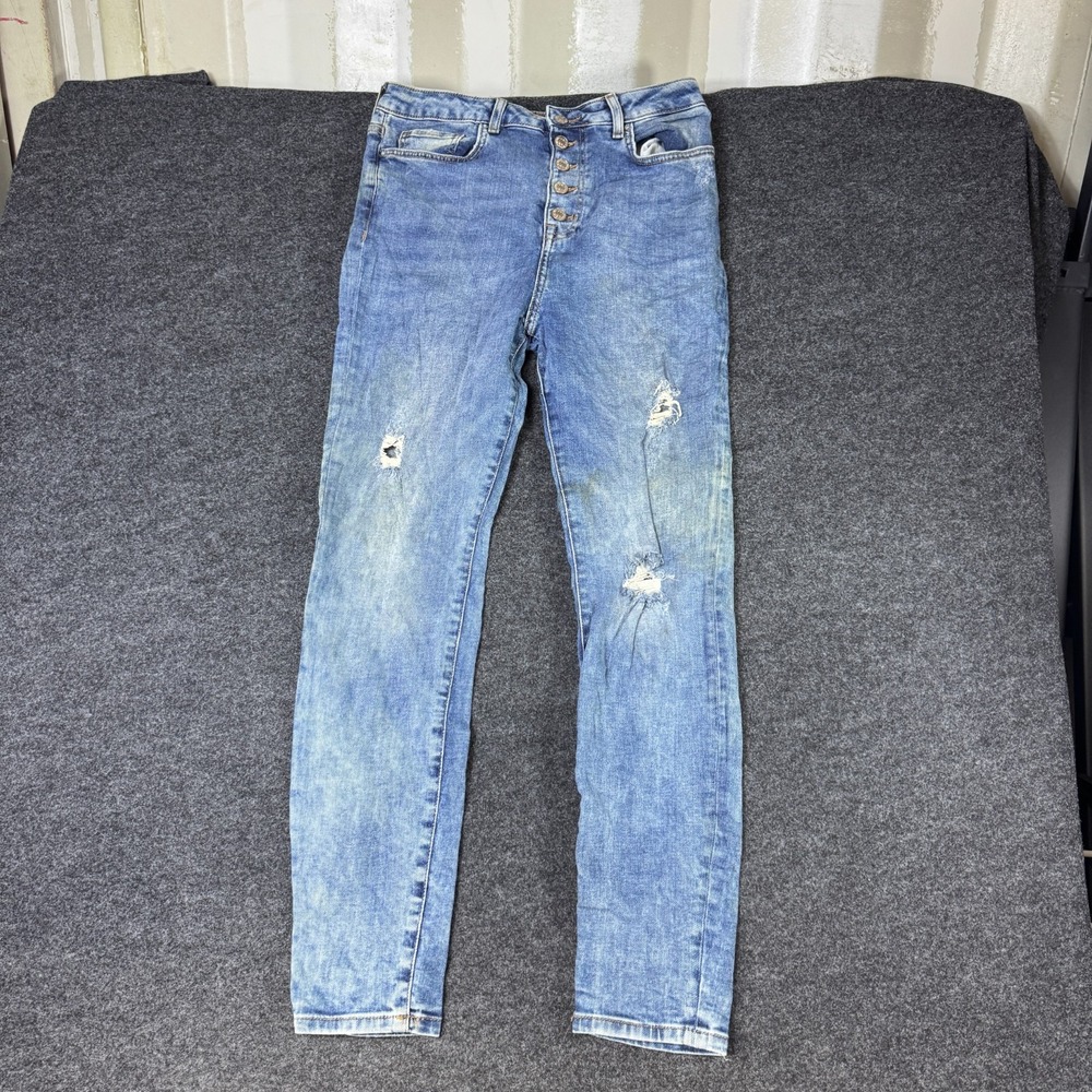 Forever 21 Skinny Leg Jeans Mens 31 Blue Denim Light Wash Distressed Button Fly